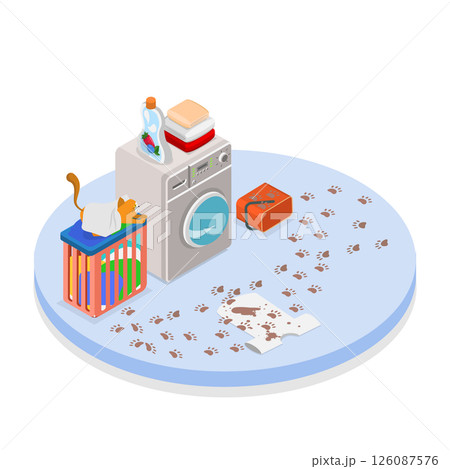 3D Isometric Flat Illustration of Laundry Room, Messy Bathroom with Clothes and a Cat 3D Isometric Flat Illustration of Laundry Room, Messy Bathroom with Clothes and a Cat 126087576