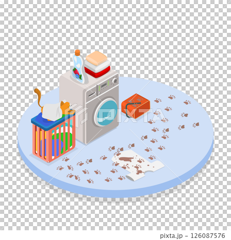 3D Isometric Flat Illustration of Laundry Room, Messy Bathroom with Clothes and a Cat 3D Isometric Flat Illustration of Laundry Room, Messy Bathroom with Clothes and a Cat 126087576