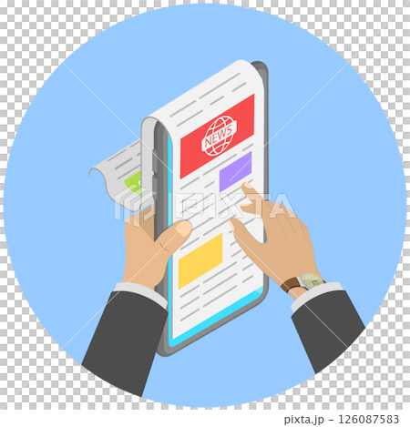 3D Isometric Flat  Illustration of Online News, Reading the Newspaper on a Tablet PC or Smartphone 126087583