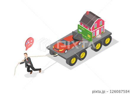 3D Isometric Flat Illustration of Cost Of Living, Exhausted Businessman Managing Financial Burdens of Mortgage, Car Payment, Education Loan, and Credit Card 3D Isometric Flat Illustration of Cost Of Living, Exhausted Businessman Managing Financial Burdens of Mortgage, Car Payment, Education Loan, and Credit Card 126087584