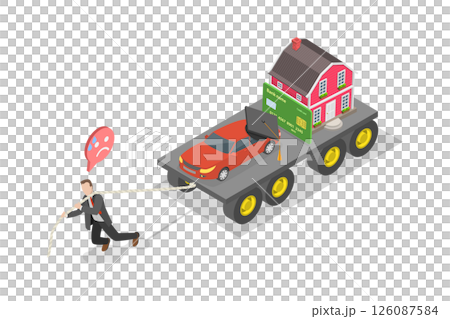 3D Isometric Flat  Illustration of Cost Of Living, Exhausted Businessman Managing Financial Burdens of Mortgage, Car Payment, Education Loan, and Credit Card 126087584