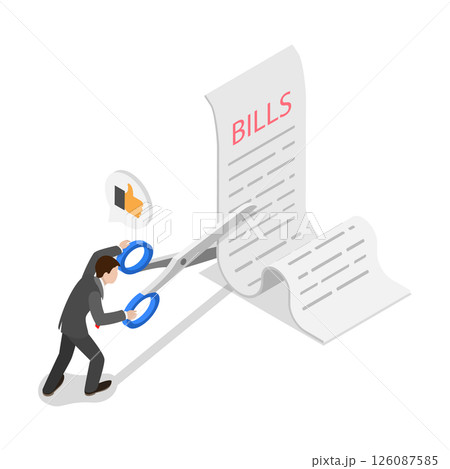 3D Isometric Flat  Illustration of Cut Bills To Reduce Cost, Saving Money and Controling Cash Flow 126087585