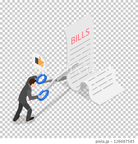 3D Isometric Flat  Illustration of Cut Bills To Reduce Cost, Saving Money and Controling Cash Flow 126087585