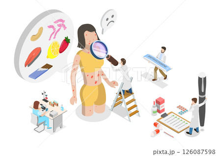 3D Isometric Flat  Illustration of Allergic Symptoms, Allergy Diagnosis At Allergists Examination 126087598