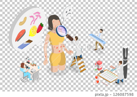 3D Isometric Flat  Illustration of Allergic Symptoms, Allergy Diagnosis At Allergists Examination 126087598