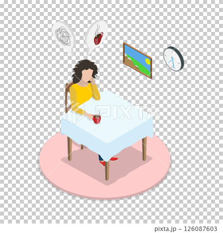 3D Isometric Flat  Illustration of Monday Morning, Tired and Red Eyed Problem of Insomnia 126087603