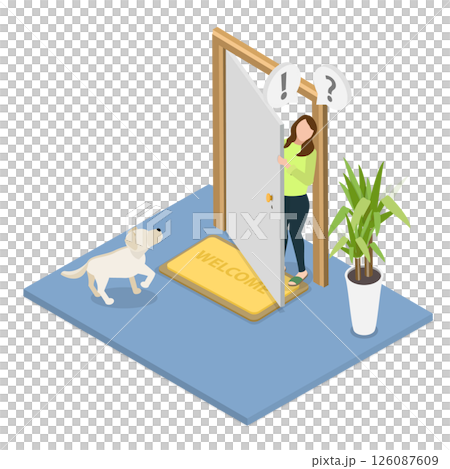 3D Isometric Flat Illustration of Looking Out The Door, Character Gazing Through The Doorway 3D Isometric Flat Illustration of Looking Out The Door, Character Gazing Through The Doorway 126087609