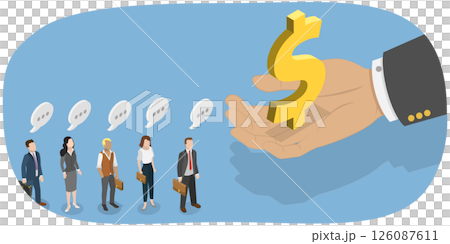 3D Isometric Flat Illustration of Employment and Compensation, Big Businessman Hand Giving Money to People in Line 3D Isometric Flat Illustration of Employment and Compensation, Big Businessman Hand Giving Money to People in Line 126087611