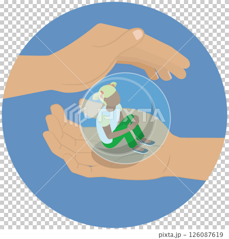 3D Isometric Flat  Illustration of Overprotection Of Children, Large Hands Grasp Glass Buble with a Kid Inside 126087619