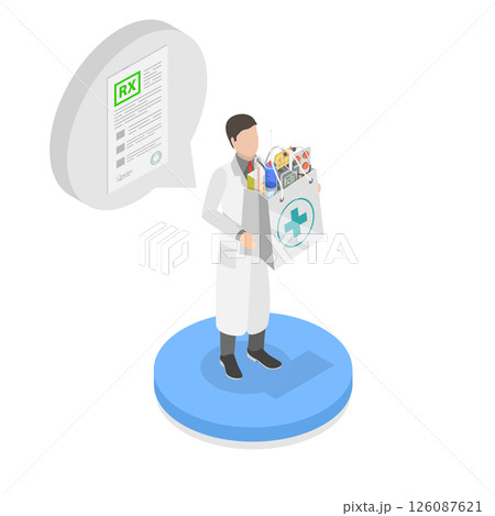 3D Isometric Flat Illustration of Drugstore, Pharmacist Holds Paper Bag With Medicines And Pill Bottles 3D Isometric Flat Illustration of Drugstore, Pharmacist Holds Paper Bag With Medicines And Pill Bottles 126087621