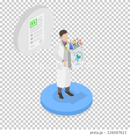 3D Isometric Flat Illustration of Drugstore, Pharmacist Holds Paper Bag With Medicines And Pill Bottles 3D Isometric Flat Illustration of Drugstore, Pharmacist Holds Paper Bag With Medicines And Pill Bottles 126087621