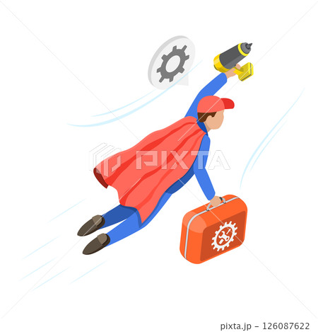 3D Isometric Flat  Illustration of Excellent Quality Service, Motivated Mechanic Soars as Superhero 126087622
