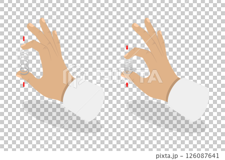 3D Isometric Flat  Illustration of Elasticity Mechanics, Metal Spring Stretched And Clamped By Fingers 126087641
