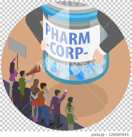 3D Isometric Flat  Illustration of Big Pharmacy Corporation, Protesters Against Large Pharmaceutical Company 126087643