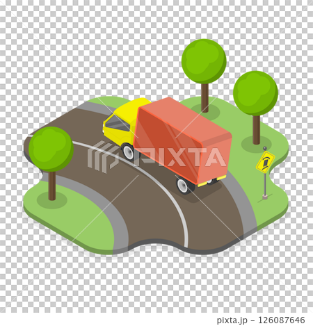 3D Isometric Flat Illustration of Truck Rollover Traffic Sign, Semi-Trailer In Danger Of Rollover On Curving Roadway 3D Isometric Flat Illustration of Truck Rollover Traffic Sign, Semi-Trailer In Danger Of Rollover On Curving Roadway 126087646