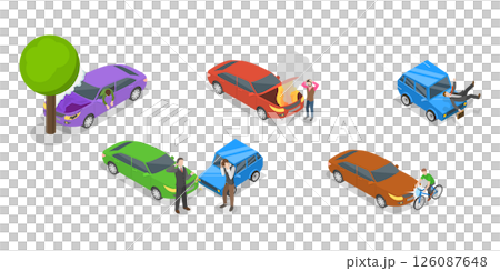 3D Isometric Flat  Illustration of Accidents On Road, Transport Vehicles Emergency 126087648