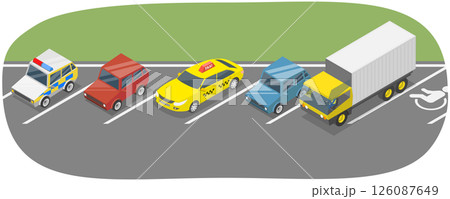 3D Isometric Flat  Illustration of Parking Lot, Angel Parked Vehicles 126087649