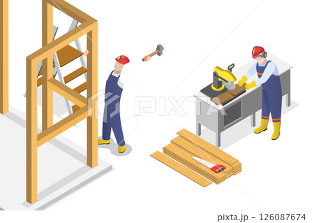 3D Isometric Flat  Illustration of Professional Carpenters , Crafting Wood Frame Structure 126087674