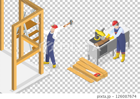 3D Isometric Flat  Illustration of Professional Carpenters , Crafting Wood Frame Structure 126087674
