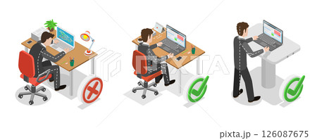 3D Isometric Flat Illustration of How To Sit At Desk, Advice For Office Workers On Correct Sitting Posture 3D Isometric Flat Illustration of How To Sit At Desk, Advice For Office Workers On Correct Sitting Posture 126087675