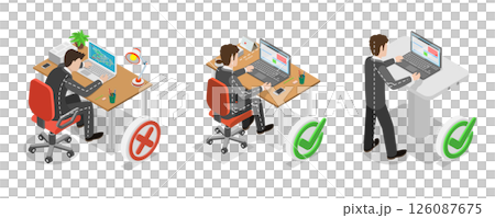 3D Isometric Flat Illustration of How To Sit At Desk, Advice For Office Workers On Correct Sitting Posture 3D Isometric Flat Illustration of How To Sit At Desk, Advice For Office Workers On Correct Sitting Posture 126087675