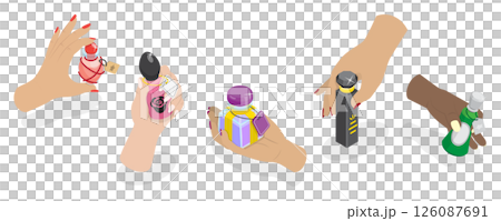 3D Isometric Flat Illustration of Perfume Bottles, Perfumes Held By Female Hands 3D Isometric Flat Illustration of Perfume Bottles, Perfumes Held By Female Hands 126087691