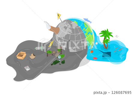 3D Isometric Flat  Illustration of Water Pollution, Ecological Problem of the Ocean 126087695