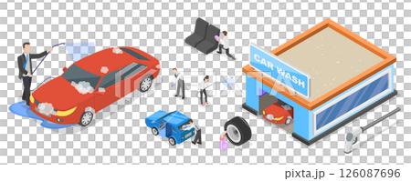 3D Isometric Flat  Illustration of Self Car Wash, Vehicle Cleaning Service 126087696