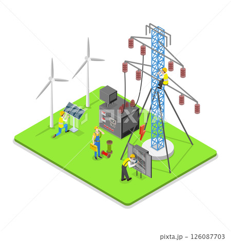 3D Isometric Flat  Illustration of Electricity Energy Maintenance, Technicians Services 126087703