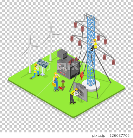 3D Isometric Flat  Illustration of Electricity Energy Maintenance, Technicians Services 126087703