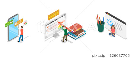 3D Isometric Flat  Illustration of Online Survey, Customer Experiences and Satisfaction 126087706