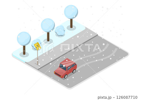 3D Isometric Flat  Illustration of Driving At Winter Season, Ensuring Safety On Icy Roads 126087710
