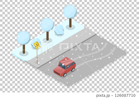 3D Isometric Flat  Illustration of Driving At Winter Season, Ensuring Safety On Icy Roads 126087710