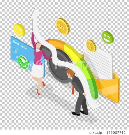3D Isometric Flat  Illustration of Credit Score, Gauge Indicator With Color Levels 126087712