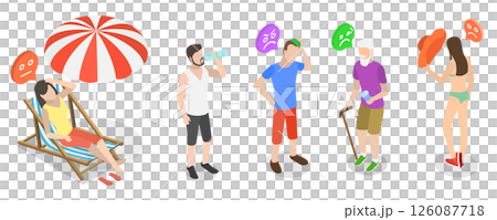 3D Isometric Flat  Illustration of Extreme Hot Weather, Individuals Experiencing Excessive Heat Conditions 126087718