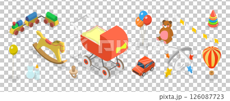 3D Isometric Flat Set of Childhood Items, Toys and Baby Care Supplies 3D Isometric Flat Set of Childhood Items, Toys and Baby Care Supplies 126087723