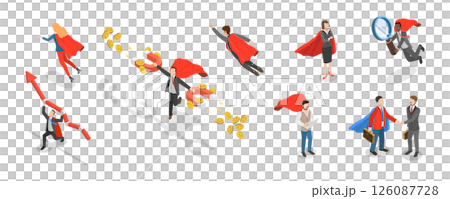3D Isometric Flat  Set of Hero Persons, Superhero Business Persons Various Poses 126087728