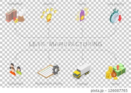 3D Isometric Flat Illustration of Lean Manufacturing, Labeled Educational Scheme 3D Isometric Flat Illustration of Lean Manufacturing, Labeled Educational Scheme 126087765
