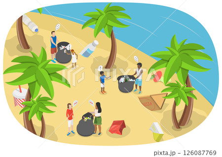 3D Isometric Flat  Illustration of Environmental Water Pollution, Volunteers Cleaning Sea Shore from Plastic and Other Trash 126087769