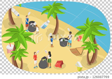3D Isometric Flat  Illustration of Environmental Water Pollution, Volunteers Cleaning Sea Shore from Plastic and Other Trash 126087769