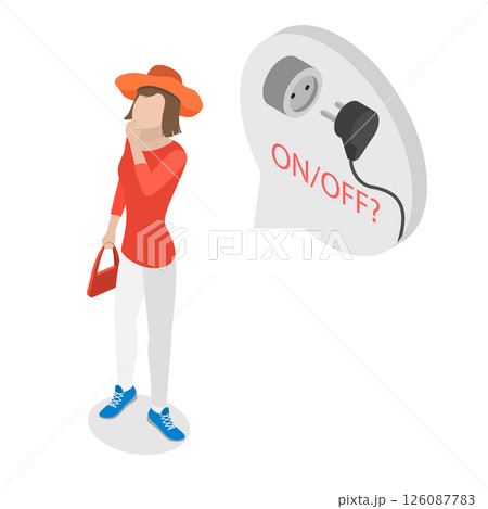 3D Isometric Flat  Illustration of Memory Issues, A Person Unsure If Electrical Device Is Turned On Or Off 126087783