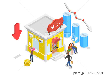 3D Isometric Flat  Illustration of Global Economic Crash, Entrepreneur Declares Bankruptcy And Shuts Down Company 126087791