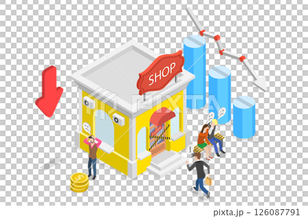 3D Isometric Flat  Illustration of Global Economic Crash, Entrepreneur Declares Bankruptcy And Shuts Down Company 126087791