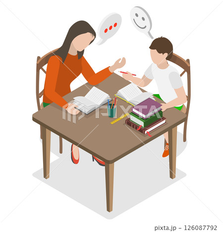 3D Isometric Flat Illustration of Education And Learning, Mother And Child Happily Doing Homework Together At Home. 3D Isometric Flat Illustration of Education And Learning, Mother And Child Happily Doing Homework Together At Home. 126087792