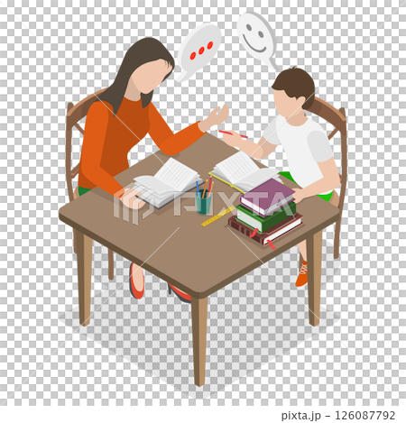 3D Isometric Flat  Illustration of Education And Learning, Mother And Child Happily Doing Homework Together At Home. 126087792