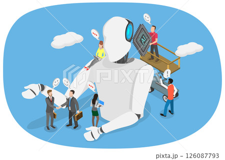 3D Isometric Flat  Illustration of Robot Factory, Integrating AI Processing Chip Into Human Brain 126087793