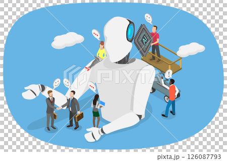 3D Isometric Flat  Illustration of Robot Factory, Integrating AI Processing Chip Into Human Brain 126087793
