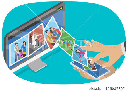 3D Isometric Flat  Illustration of Multimedia Transfer, Smartphone Streaming Photos To Computer Wirelessly 3D Isometric Flat  Illustration of Multimedia Transfer, Smartphone Streaming Photos To Computer Wirelessly 126087795