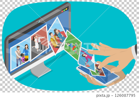 3D Isometric Flat  Illustration of Multimedia Transfer, Smartphone Streaming Photos To Computer Wirelessly 3D Isometric Flat  Illustration of Multimedia Transfer, Smartphone Streaming Photos To Computer Wirelessly 126087795