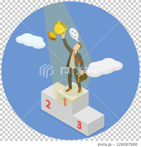 3D Isometric Flat  Illustration of Career Success , Successful Businessman Holding Champion Trophy On First Place Podium With Spotlight 126087800